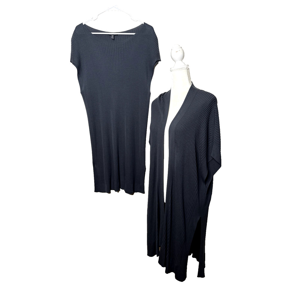 Eileen Fisher ribbed knit Dress Twin Set Cardigan Size L XL Gray Sleeveless